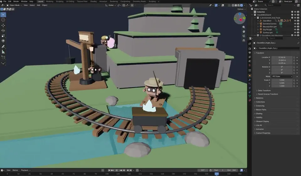 광산 수레와 작은 로봇이 있는 Blender 섬 실제 결과 화면